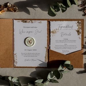 Hochzeitseinladung Pocketfolder – Edle Einladung mit Blattgold-Optik und Siegel | Elegante Hochzeitskarte | Individuell gestaltbar
