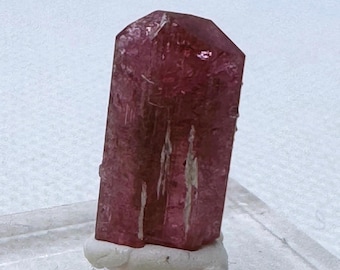May include: A deep pink, faceted, elongated crystal with a slightly irregular shape. The crystal is sitting on a white base.