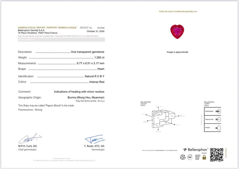 May include: A heart-shaped, intense red ruby gemstone, with a weight of 1.260 ct and dimensions of 6.77 x 6.51 x 3.17 mm. The gemological report indicates it's a natural ruby from Burma, with strong fluorescence. The report is from Bellerophon Gen SAS.