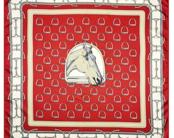Red Silk Horse Scarf - Equestrian Scarf - Hand Rolled Twill Silk Scarf -