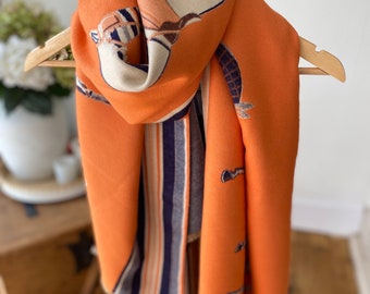 Luxury Orange Horse Pashmina - Cashmere horse print scarf - horse shawl - large equestrian scarf - cashmere scarf
