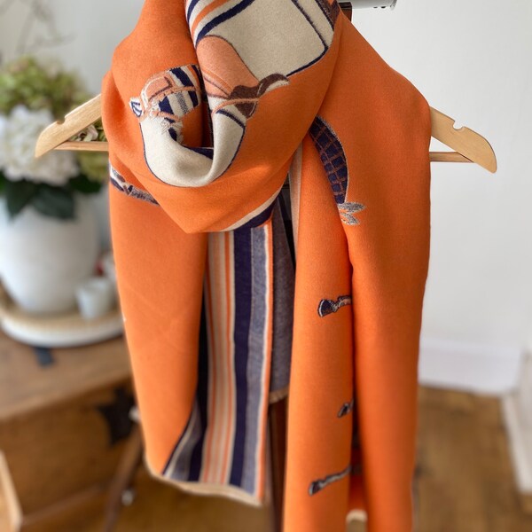 Luxury Orange Horse Pashmina - Cashmere horse print scarf - horse shawl - large equestrian scarf - cashmere scarf