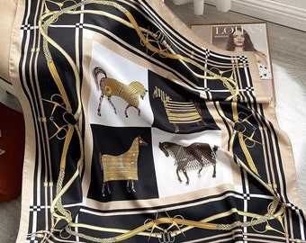 Black and Gold horse print Silk Scarf - Equestrian Silk Scarf -  Horse Print Scarf