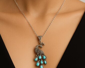 Majestic Peacock Pendant: Handcrafted Silver with Original Turquoises