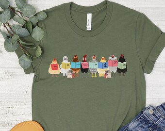 chickens reading shirt, cute chicken shirt, chicken love shirt, reading lovers tee chicken mom shirt chicken lover shirt funny chicken shirt