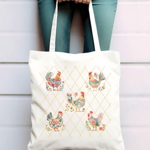 chicken tote, chicken tote bag, cute animal tote bag, chicken lover gift, chicken mom gifts, farmers market tote bag, canvas shoulder bag,