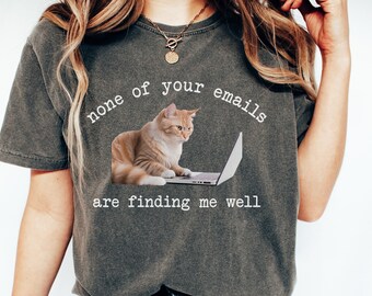 May include: A gray t-shirt with the text "none of your emails are finding me well" printed on it. A cartoon orange cat is sitting on a laptop computer.