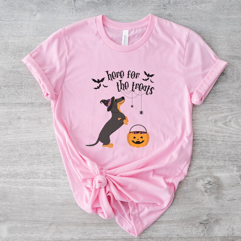 K&ouml;nnte beinhalten: Rosa T-Shirt mit einem schwarzen Dackel, der einen Hexenhut tr&auml;gt und einen K&uuml;rbis-Eimer h&auml;lt. Der Text "Here for the treats" ist auf dem Shirt aufgedruckt.