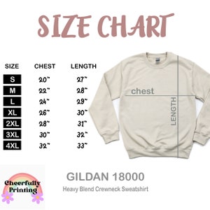 K&ouml;nnte beinhalten: Gr&ouml;&szlig;entabelle f&uuml;r ein Gildan 18000 Heavy Blend Crewneck Sweatshirt. Die Tabelle zeigt die Brust- und L&auml;ngenma&szlig;e in Zoll f&uuml;r die Gr&ouml;&szlig;en S bis 4XL.