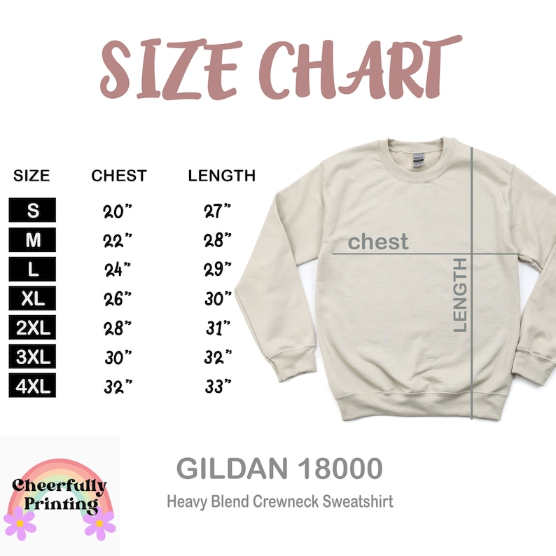 K&ouml;nnte beinhalten: Gr&ouml;&szlig;entabelle f&uuml;r ein Gildan 18000 Heavy Blend Crewneck Sweatshirt. Die Tabelle zeigt die Brust- und L&auml;ngenma&szlig;e in Zoll f&uuml;r die Gr&ouml;&szlig;en S bis 4XL.