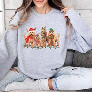 May include: A gray sweatshirt with a Christmas-themed design featuring four doodle dogs wearing festive hats and antlers. The dogs are surrounded by Christmas lights.
