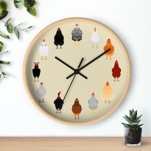 May include: A round, wooden clock face with a white background and black clock hands. The clock face features 12 different illustrations of chickens in various colors and poses.