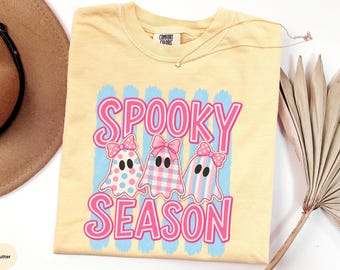 Spooky Season comfort colors shirt, Cute Pink Halloween Ghosts Tee, Checkered Ghost Crewneck, fall ghost t-shirt, womens halloween shirt