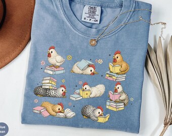 book lover chicken comfort colors shirt, crazy chicken lady tee, chicken lovers reading tshirt, farm life t-shirt, chicken mom shirt