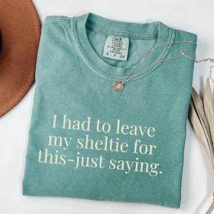 May include: A seafoam green Comfort Colors t-shirt with the text "I had to leave my sheltie for this-just saying." A gold-colored necklace with a pendant rests on the shirt. A brown hat is partially visible in the upper left corner.
