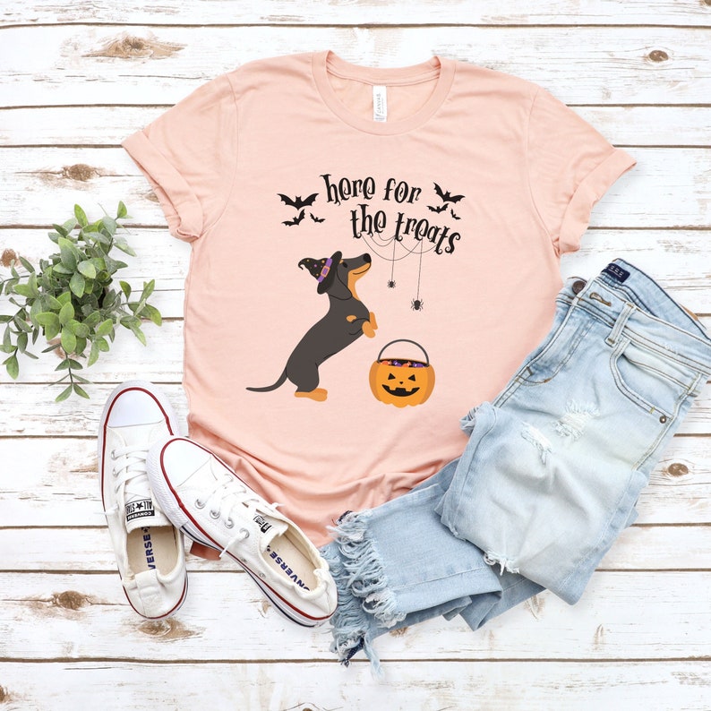 K&ouml;nnte beinhalten: Ein pinkfarbenes T-Shirt mit einem schwarzen Dackel, der einen Hexenhut tr&auml;gt und einen K&uuml;rbis-Eimer h&auml;lt. Der Text auf dem Shirt lautet "Here for the treats" mit Flederm&auml;usen und Spinnweben um den Hund herum.