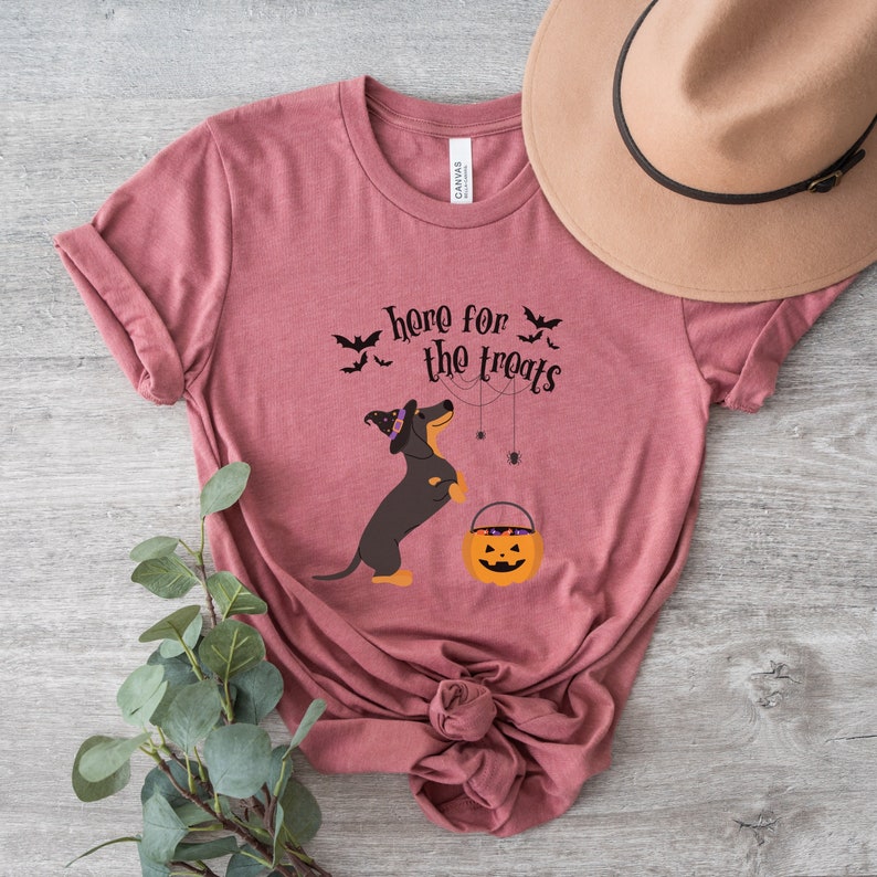 K&ouml;nnte beinhalten: Ein pinkfarbenes T-Shirt mit einem schwarzen Dackel, der einen Hexenhut tr&auml;gt und einen K&uuml;rbis-Eimer h&auml;lt. Der Text auf dem Shirt lautet "here for the treats".