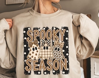 Spooky Season Sweatshirt, Leopard Ghost Shirt, Cute Ghost Sweatshirt, Checkered Ghost Crewneck, Halloween Ghosts Hoodie, Fall Season Gift