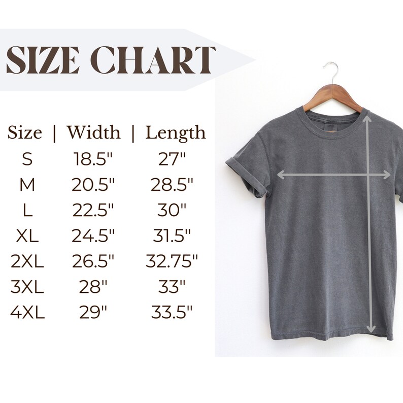 以下が含まれることがあります： 幅と長さの寸法がインチで示されたTシャツのサイズ表。サイズはS、M、L、XL、2XL、3XL、4XLです。