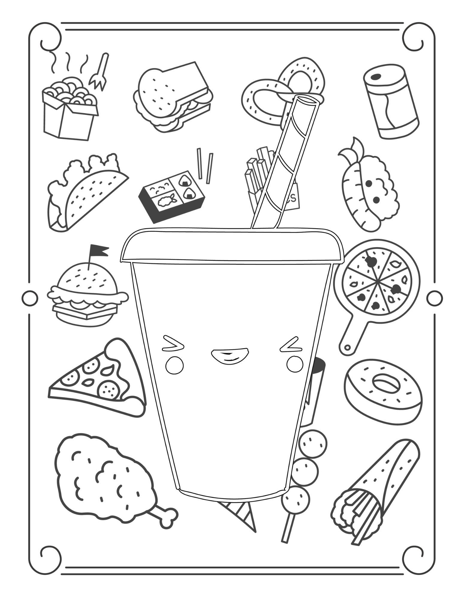 Kuwaii Food Coloring Book, 30 Food Pictures to Print for Children's ...