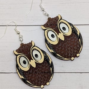 May include: A pair of owl-shaped earrings. The earrings are brown with tan and black accents. The owl's eyes are white with black pupils. The earrings have silver-colored fish hook ear wires.
