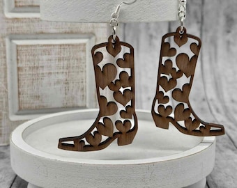 Boucle d'oreille coeur bottes Svg Pdf Dxf Ai Png Jpg Webp Tiff - fichier de botte de cowboy découpé au laser avec coeurs - boucles d'oreilles western en téléchargement numérique