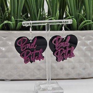 Bad bitch heart earrings svg – layered pink glitter acrylic cut file – svg ai dxf pdf png jpg webp tiff