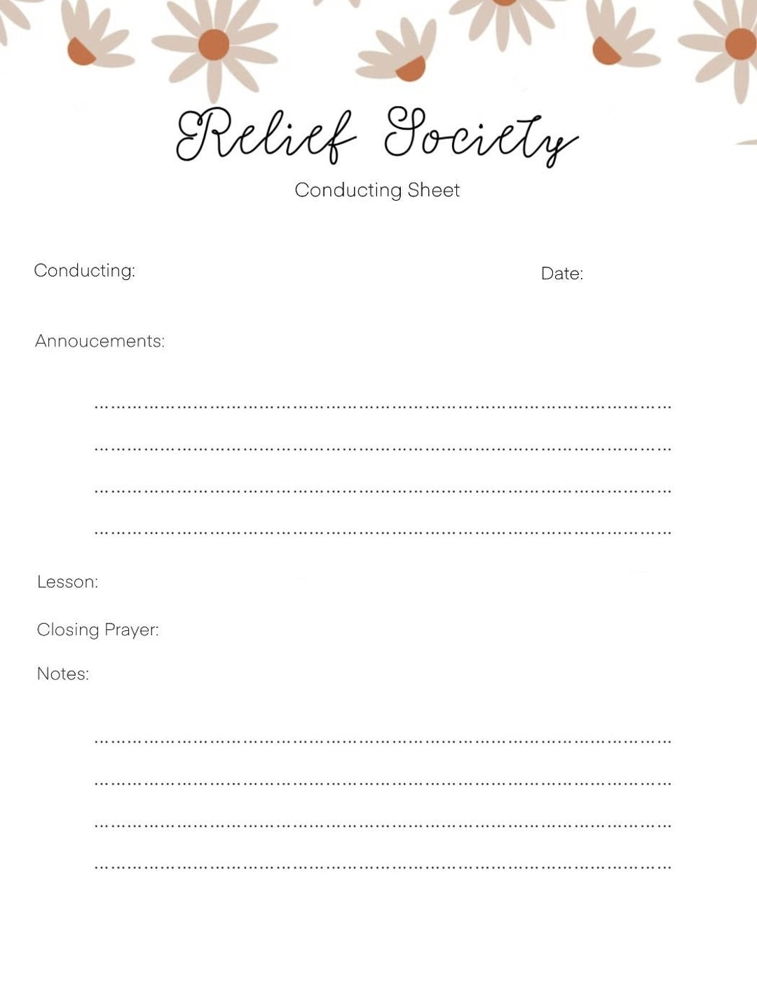 Relief Society Conducting Sheet Etsy