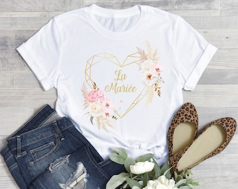 T-Shirt EVJF Personnalisé Blanc pour Femme La Mariée - evjfille - Mariage - Couronne de fleurs végétale