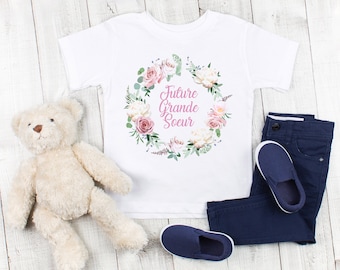 T-Shirt pour fille enfant future grande soeur couronne fleurs 2 4 6 8 10 12 ans