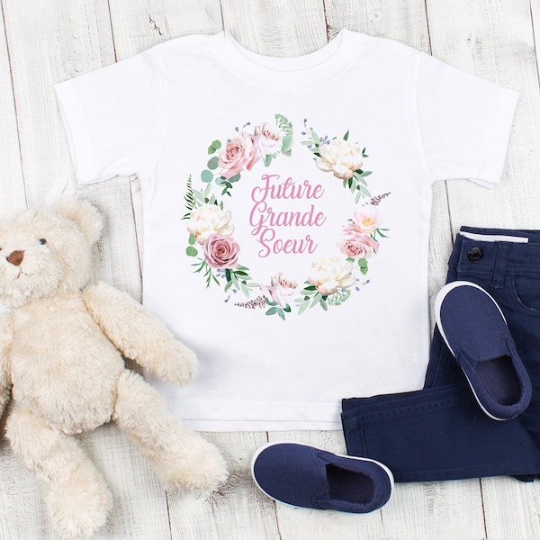 T-Shirt für Mädchen Kind zukünftige große Schwester Krone Blumen 2 4 6 8 10 12 Jahre