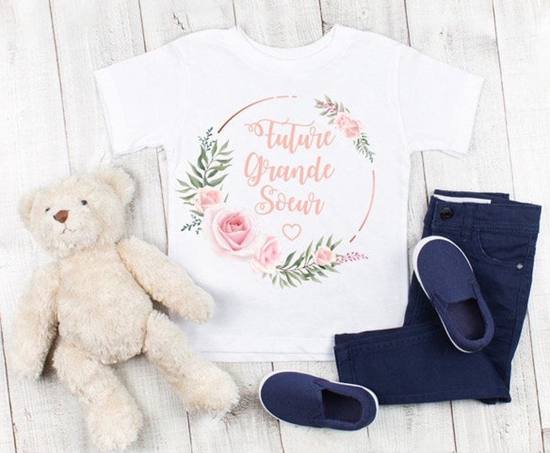 T-Shirt pour enfant fille Future Grande Soeur Couronne Fleurs Mignon Annonce Naissance Cadeau Anniversaire image 1