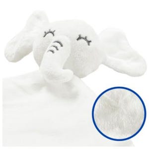 May include: A white plush elephant-shaped baby security blanket. The elephant has embroidered closed eyes and trunk details. The blanket has a soft, textured surface, perfect for a baby.