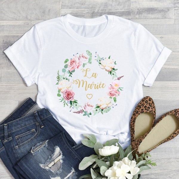 T-Shirt EVJF Personnalisé Blanc pour Femme La Mariée - evjfille - Mariage - Couronne de fleurs végétale