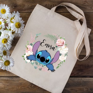 Tote Bag Personnalisé Sac Ecole  Stitch Couronne Fleurs