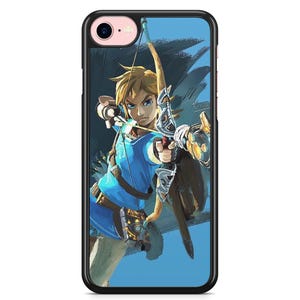 May include: A phone case featuring a digital illustration of a character from the Legend of Zelda video game series. The character is wearing blue and green clothing and holding a bow and arrow. The background is a blue and white abstract design.