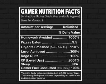 Gamer Nutrition Facts Digital Png File, Instant Download, Cool Gamer T-Shirt Design, Funny Video Game Player Png, Gaming Shirt Png, Mug Png