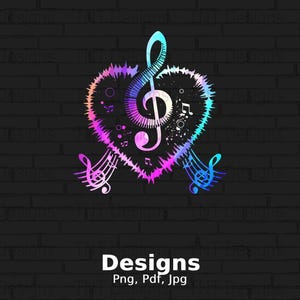 Colorful Musical Note Digital Png File, Instant Download, Heart Treble Clef Tshirt Design, Music Lover Shirt Png, Mug Png,  Music Themed Png