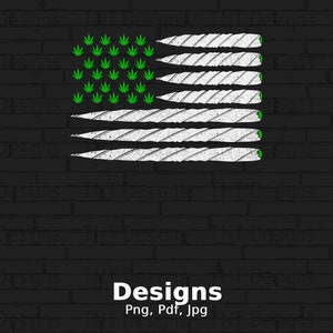 May include: A white and green American flag design with a marijuana leaf pattern. The flag is made up of white stripes and a field of green marijuana leaves. The design is on a black brick background.