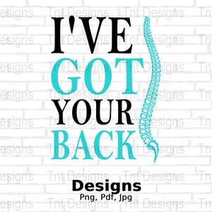 Può includere: Un muro di mattoni bianchi con il testo "I'VE GOT YOUR BACK" in nero e blu turchese. Un grafico di colonna vertebrale blu turchese è a destra del testo.