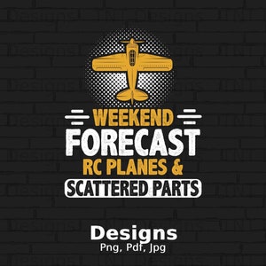 May include: A graphic design with a yellow airplane in a white circle with black polka dots. The text reads "Weekend Forecast RC Planes & Scattered Parts" in white with a black outline. The text "Designs Png, Pdf, Jpg" is in white with a black outline.