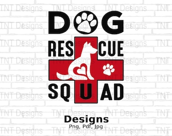 May include: A red cross with a white dog silhouette and paw prints. The text "DOG RESCUE SQUAD" is in black letters on a white brick background.