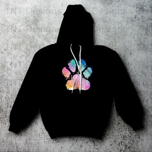 May include: Black hoodie featuring a colourful watercolour paw print design.