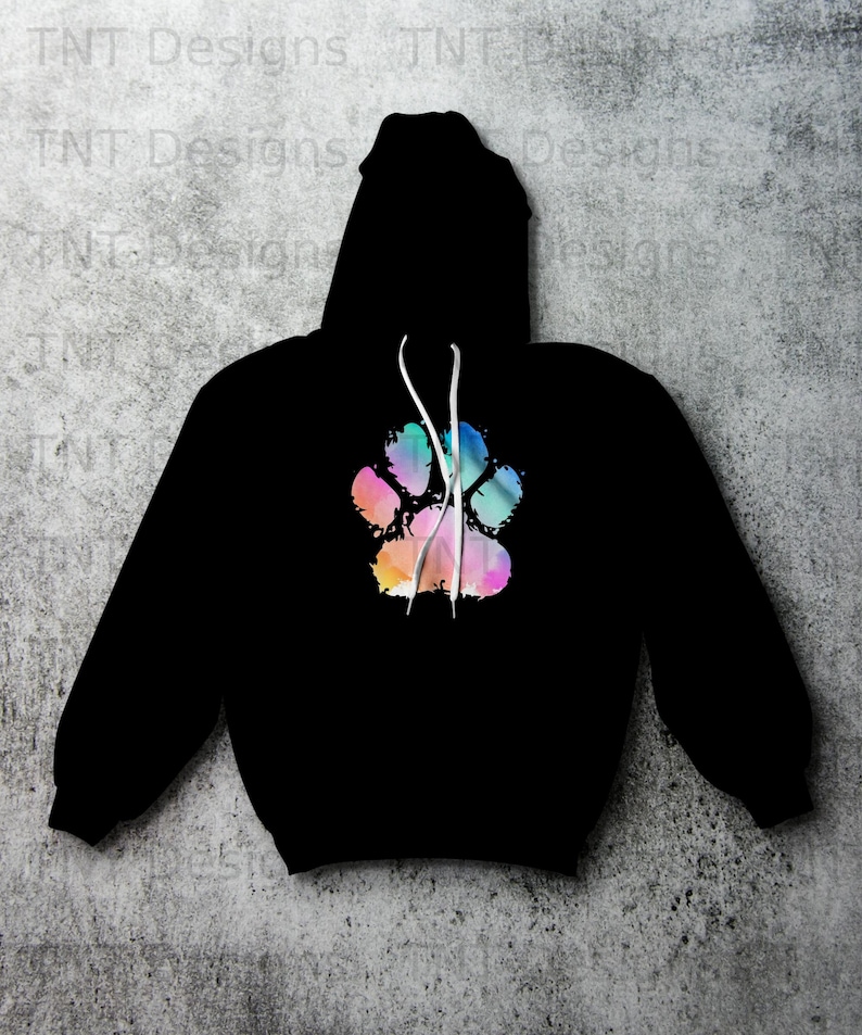 May include: Black hoodie featuring a colourful watercolour paw print design.