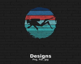 Vintage Suba Diver Png Digital File, Instant Download, Diving Gift, Scuba Diving T-shirt Design, Underwater Diver Silhouette, Diving Png