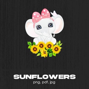 Sunflower Elephant With Ribbon Digital Png File, Instant Download, Cute Sunflowers Lovers T-Shirt Design, Elephants Lover Gift, Elephant Png