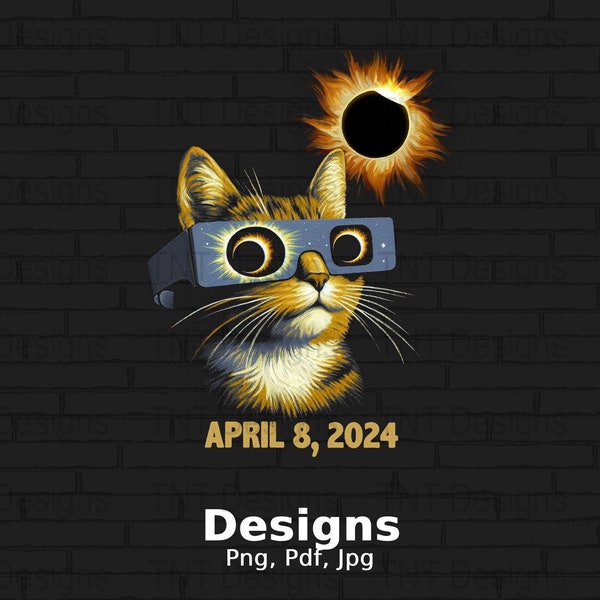 Cat Wearing Solar Eclipse Glasses Digital Png File, Instant Download, 2024 Solar Eclipse T-shirt, April 8 2024 Shirt Png, Eclipse Event Png