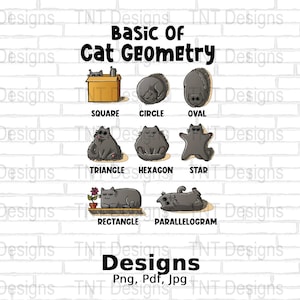 Puede incluir: Una ilustración de un gato en diferentes formas geométricas. El gato está en un cuadrado, un círculo, un óvalo, un triángulo, un hexágono, una estrella, un rectángulo y un paralelogramo. El texto "Basic of Cat Geometry" está en la parte superior de la imagen.