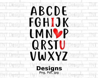 May include: Black and red alphabet letters with a red heart in the middle of the letter "I" on a white brick background. The text "TNT Designs" appears at the top and bottom of the image. The text "Designs" appears in the middle of the image with the text "Png, Pdf, Jpg" below it.