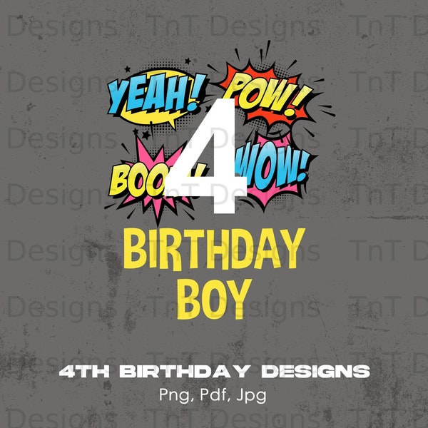4th Birthday Boy Yeah Pow Wow Boom Digital Png File, Instant Download, Fourth Birthday Shirt Design, Child's Birthday Png, Kids Turning Four